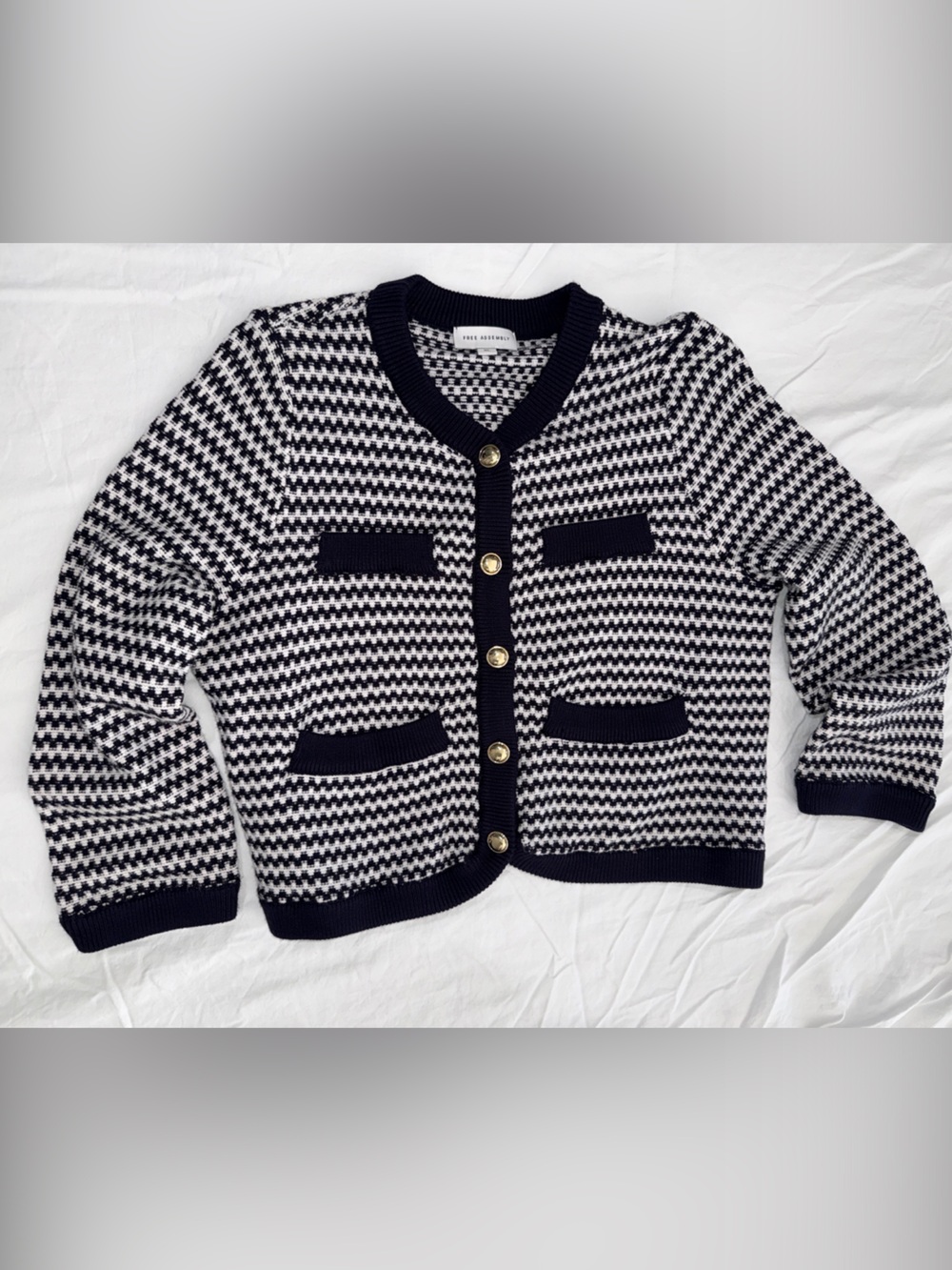 Navy & White Houndstooth Knit Cardigan with Gold Buttons - Women's Sweater